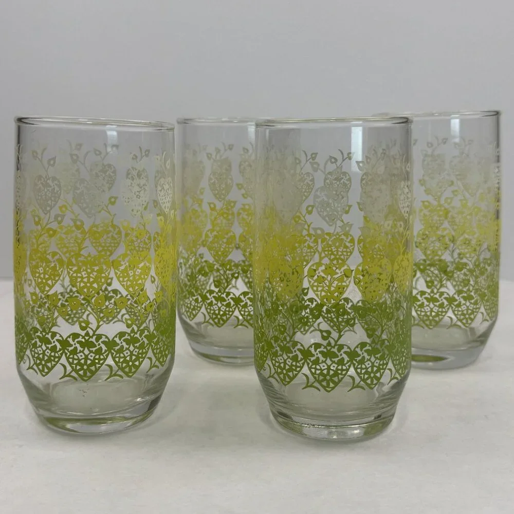 Set Of 4 Vintage Green Yellow Ombre Hearts and Vines Glass Tumblers 12 oz MCM - Picture 1 of 9